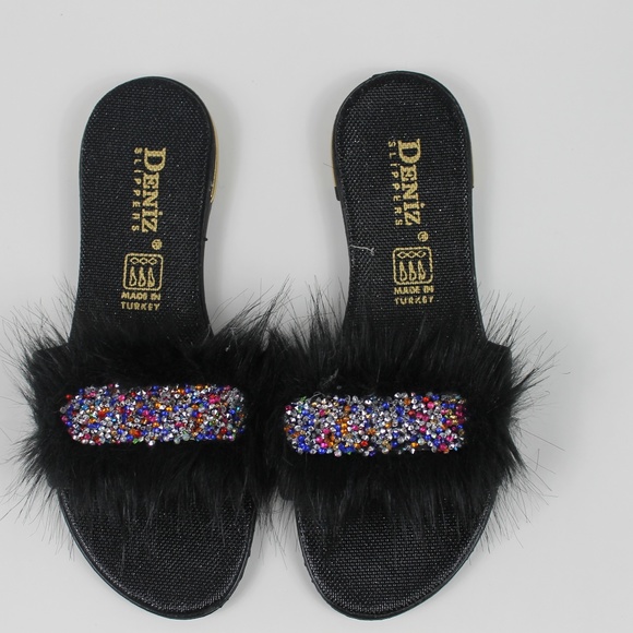 Shoes - Fur slippers sliders sandals shoes glitter black!